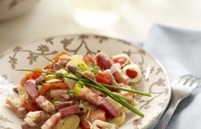 Lardons, poireau et tomates cerises