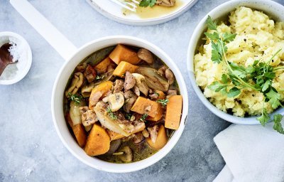 Mijoté de patate douce et de champignons à la purée de panais