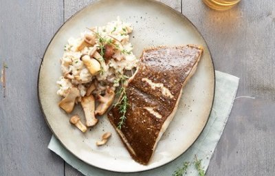 Darne de turbot et risotto de champignons, fromage et huile de truffe