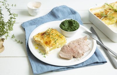 Varkenshaasje met aardappelgratin en spinaziemousse