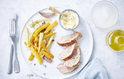 Filet mignon, légumes rôtis et mayonnaise à la truffe