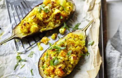 Aubergine farcie au couscous, carotte, poire et potiron