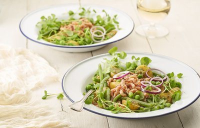 Gebakken krieltjes met garnalen, boontjes en pesto 