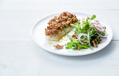 Schelvis met pistachekorstje en slaatje