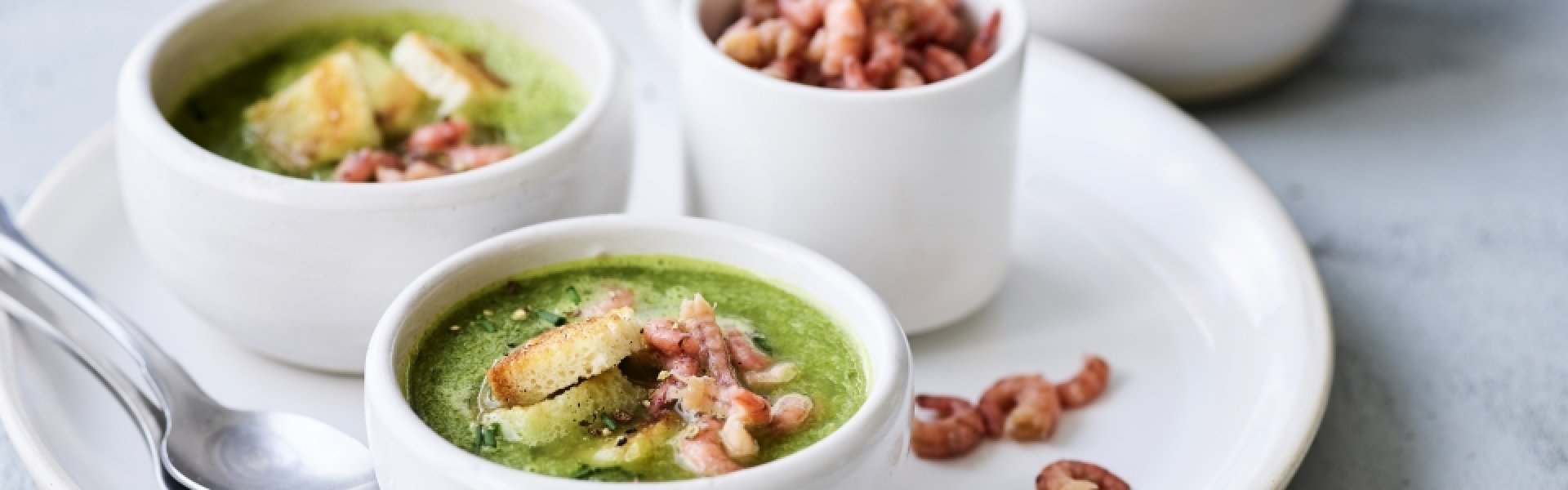 Soupe de salade et crevettes grises