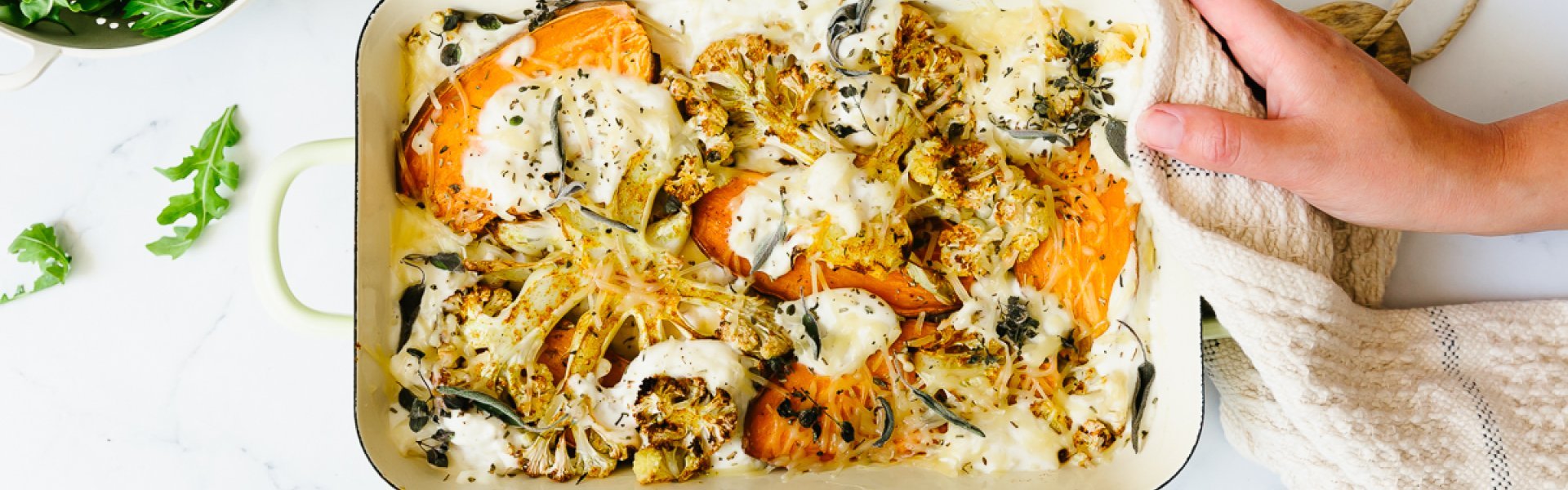 Lasagne met zoete aardappel, bloemkool en geitenkaas Lasagne met zoete aardappel, bloemkool en geitenkaas