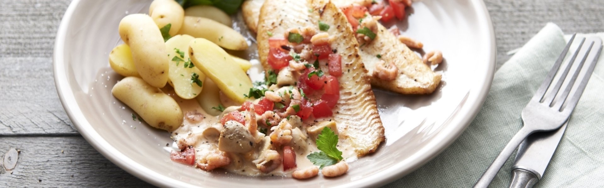 Filet de turbot à la dugléré, crevettes grises et tomates